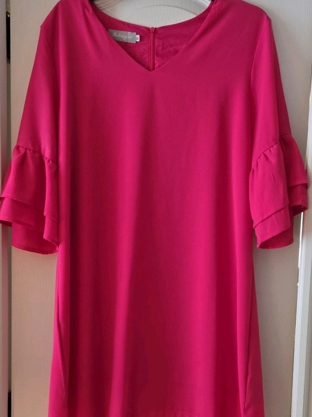 BELONGSCI Women's Sweet & Cute V-Neck Flare Sleeve Shift Mini Dress Hot Pink XL